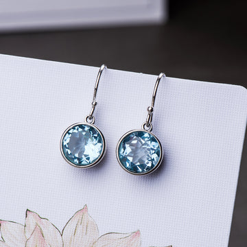 Unique 925 Sterling Silver Round Natural Blue Topaz Gemstone Pendant Drop Earrings